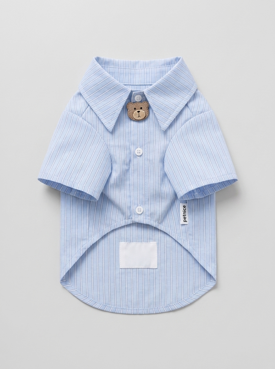 Sky Blue Pinstripe Shirt with Teddy Bear Collar Pin - Details 1