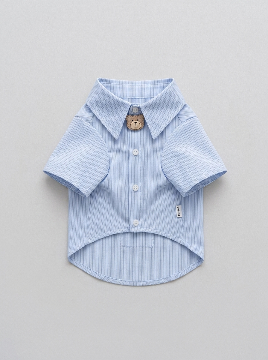 Sky Blue Pinstripe Shirt with Teddy Bear Collar Pin - Front
