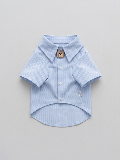 Sky Blue Pinstripe Shirt with Teddy Bear Collar Pin - Front