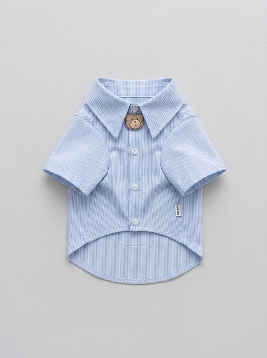 Sky Blue Pinstripe Shirt with Teddy Bear Collar Pin - Front